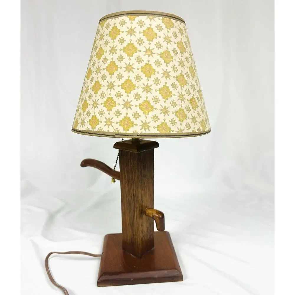 Vintage Wooden Water Pump Table Accent Lamp w/ Clip On Shade Cottage Grannychic